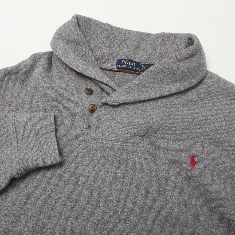 Polo Ralph Lauren Sweater Mens XLT Gray Shawl Collar Cotton Knit Pullover Pony